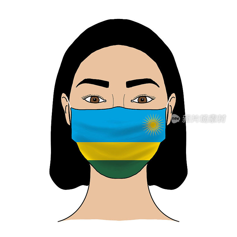 Coronavirus mask crisis. Rwanda health system. Flag of Rwanda coronavirus outbreak patterned mask wearing woman.